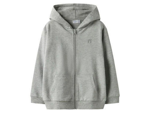 Grå meleret sweatcardigan med hætte, kængurolommer og lynlås fra Name It 13244055 grey melange